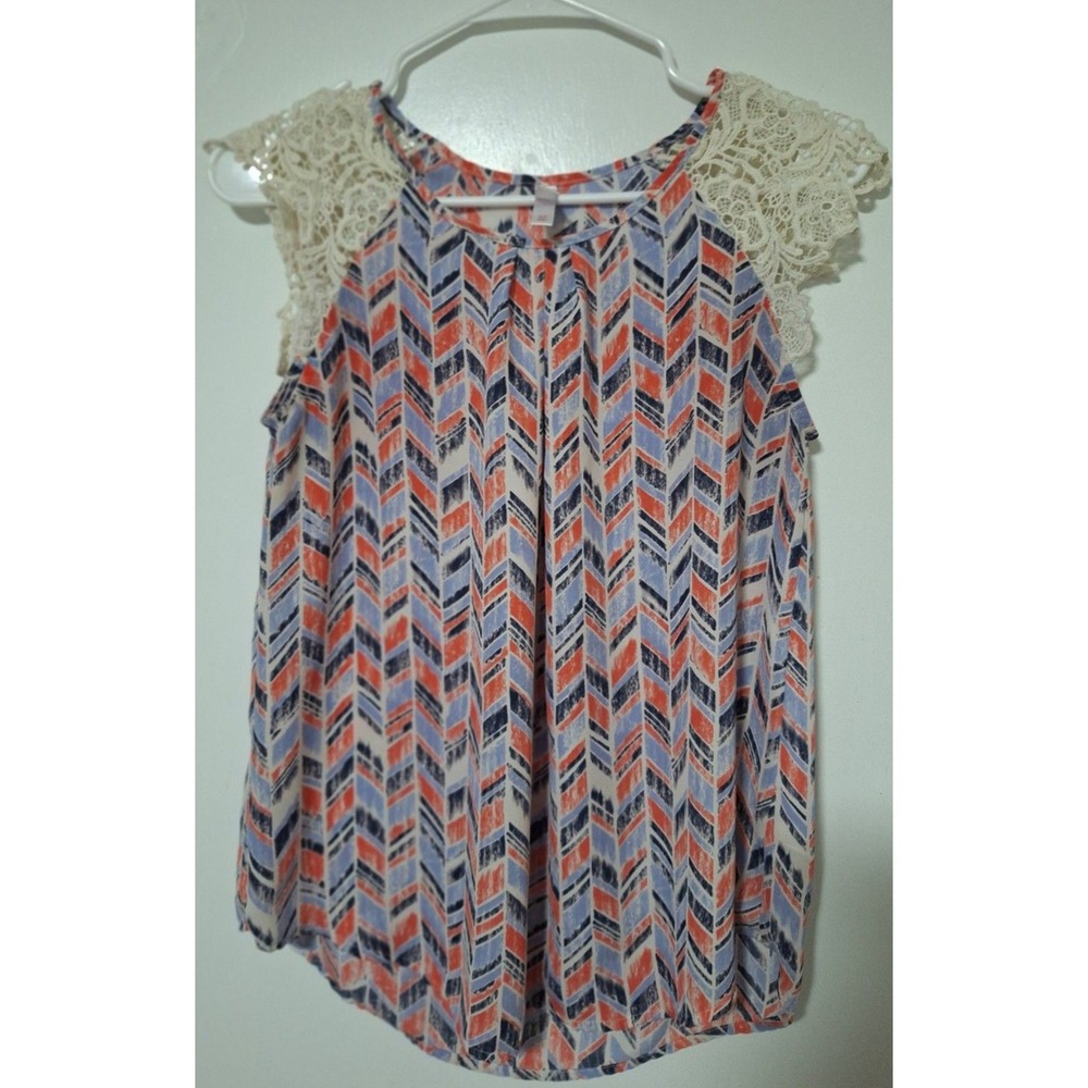 Xhilaration Chevron Blouse Women's S Orange Blue Geo Lace Shoulder Cap Sleeve